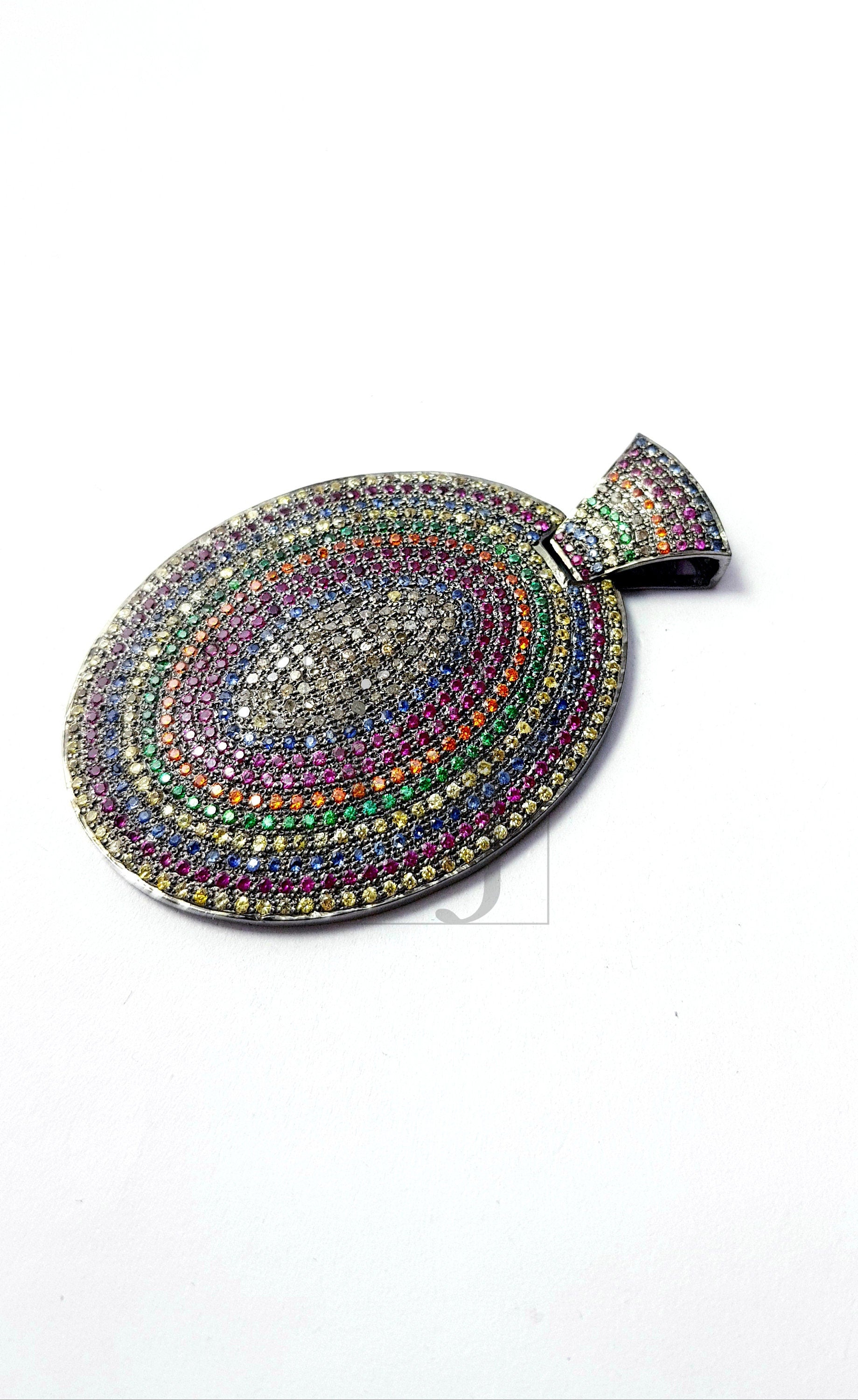 One of kind Multi Color Pave Sapphire Designer Rosecut Pave Diamond Pendant 925 Sterling Silver Handmade Finish Diamond Jewelry Pendant