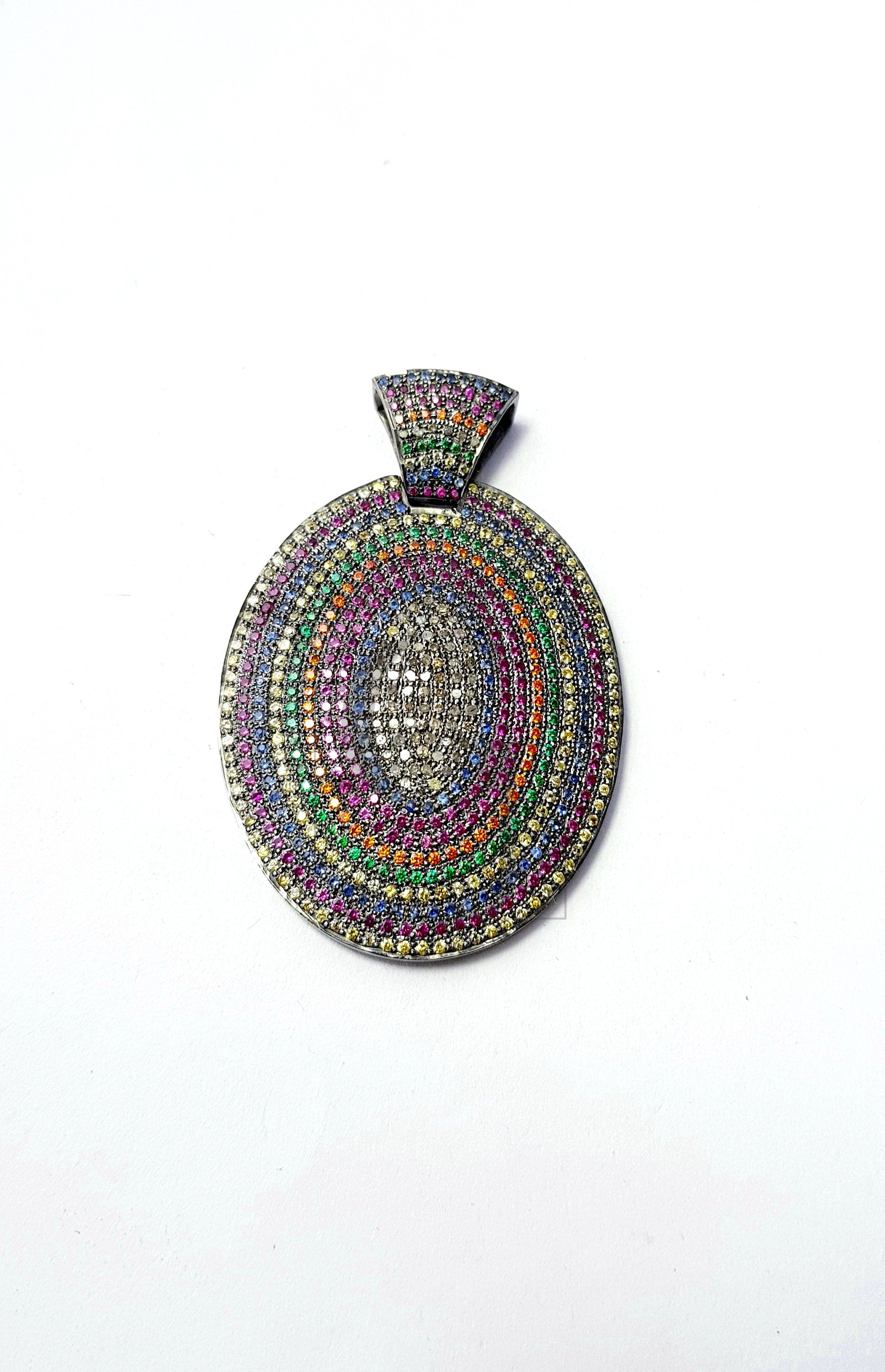 One of kind Multi Color Pave Sapphire Designer Rosecut Pave Diamond Pendant 925 Sterling Silver Handmade Finish Diamond Jewelry Pendant