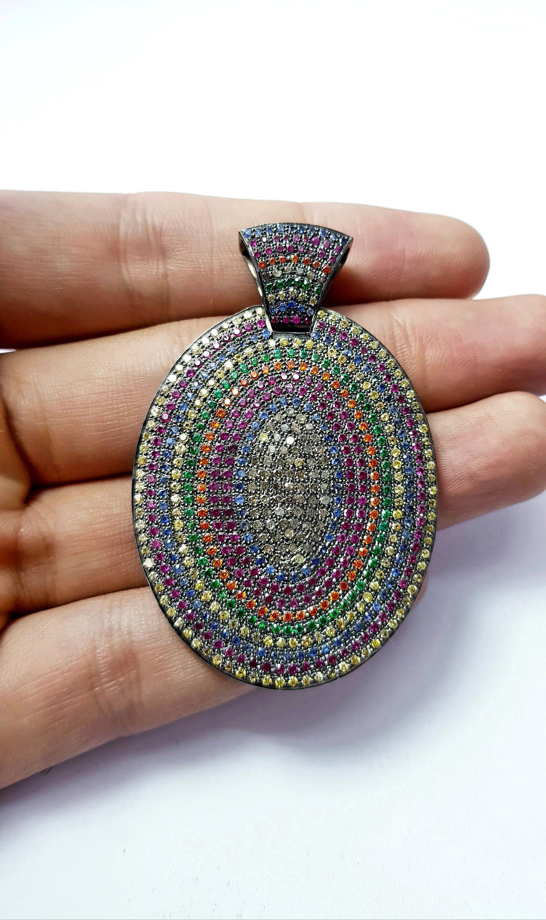 One of kind Multi Color Pave Sapphire Designer Rosecut Pave Diamond Pendant 925 Sterling Silver Handmade Finish Diamond Jewelry Pendant
