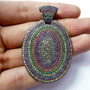 One of kind Multi Color Pave Sapphire Designer Rosecut Pave Diamond Pendant 925 Sterling Silver Handmade Finish Diamond Jewelry Pendant