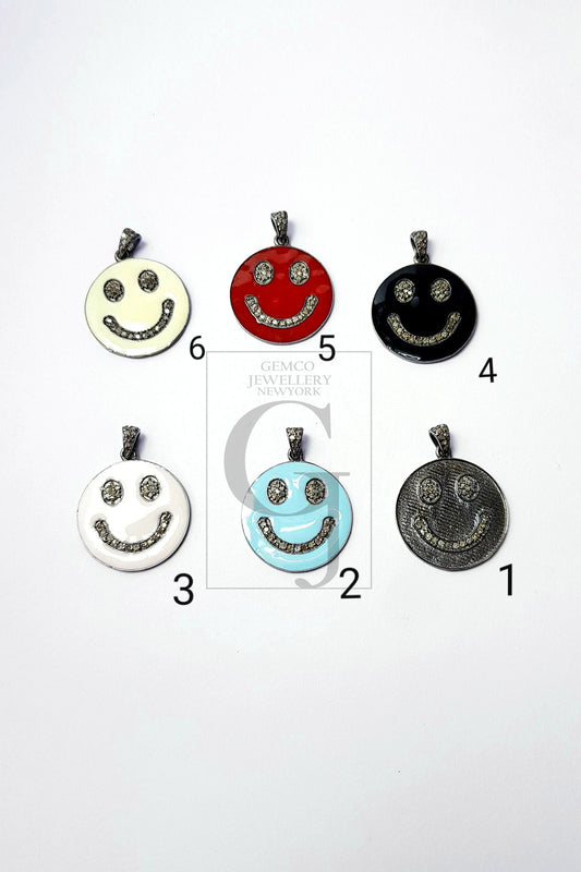 Smiley design Rosecut pave diamond pendant 925 sterling silver handmade finish enamel diamond pendant jewelry bakelite pendent gift jewelry