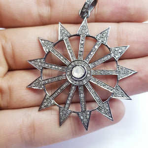 Beautiful Sunburst Designer Rosecut Pave Diamond Pendant 925 Sterling Silver Handmade Finish Polki Diamond Pendant Jewelry