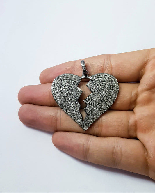 One of kind broken heart designer Rosecut pave diamond pendant 925 sterling silver handmade finish diamond jewelry necklace pendant