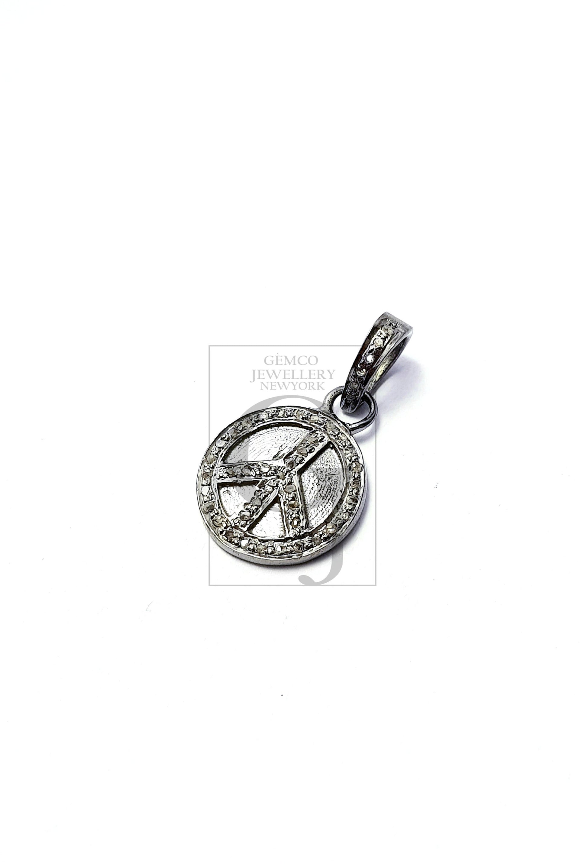 Peace design circle shaped diamond charm pendant Pave diamond rosecut pendant 925 sterling silver finish pendant handmade diamond pendant