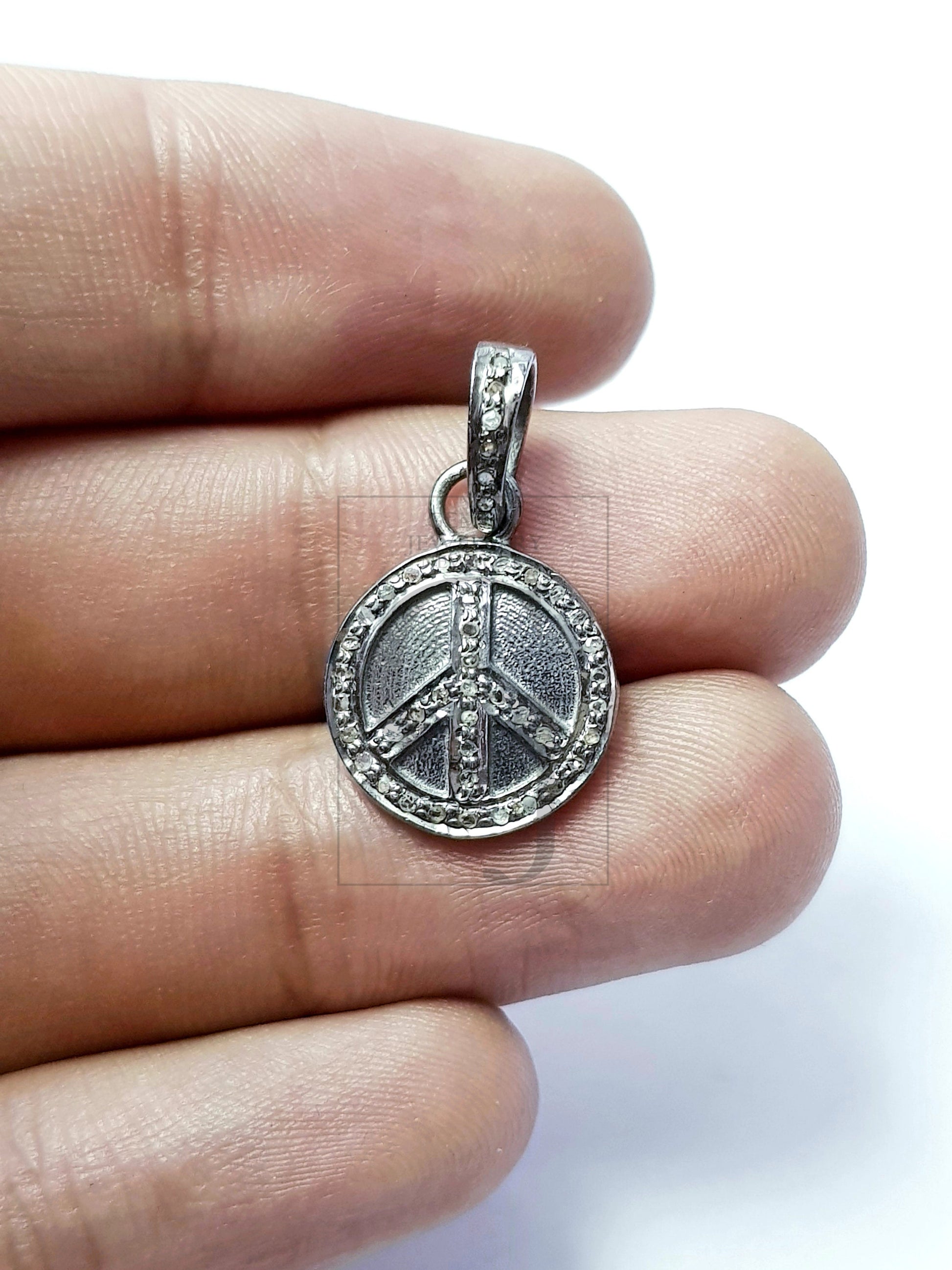 Peace design circle shaped diamond charm pendant Pave diamond rosecut pendant 925 sterling silver finish pendant handmade diamond pendant