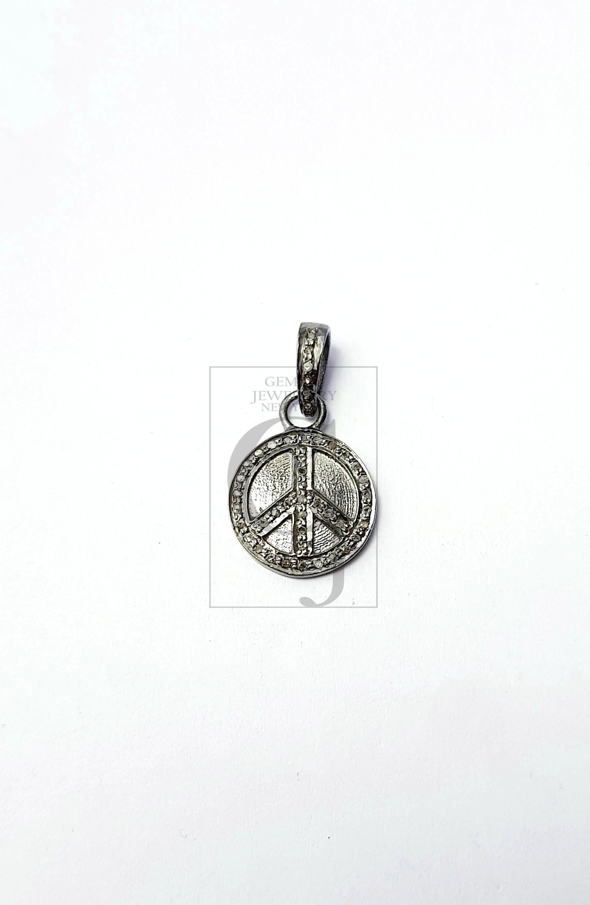 Peace design circle shaped diamond charm pendant Pave diamond rosecut pendant 925 sterling silver finish pendant handmade diamond pendant