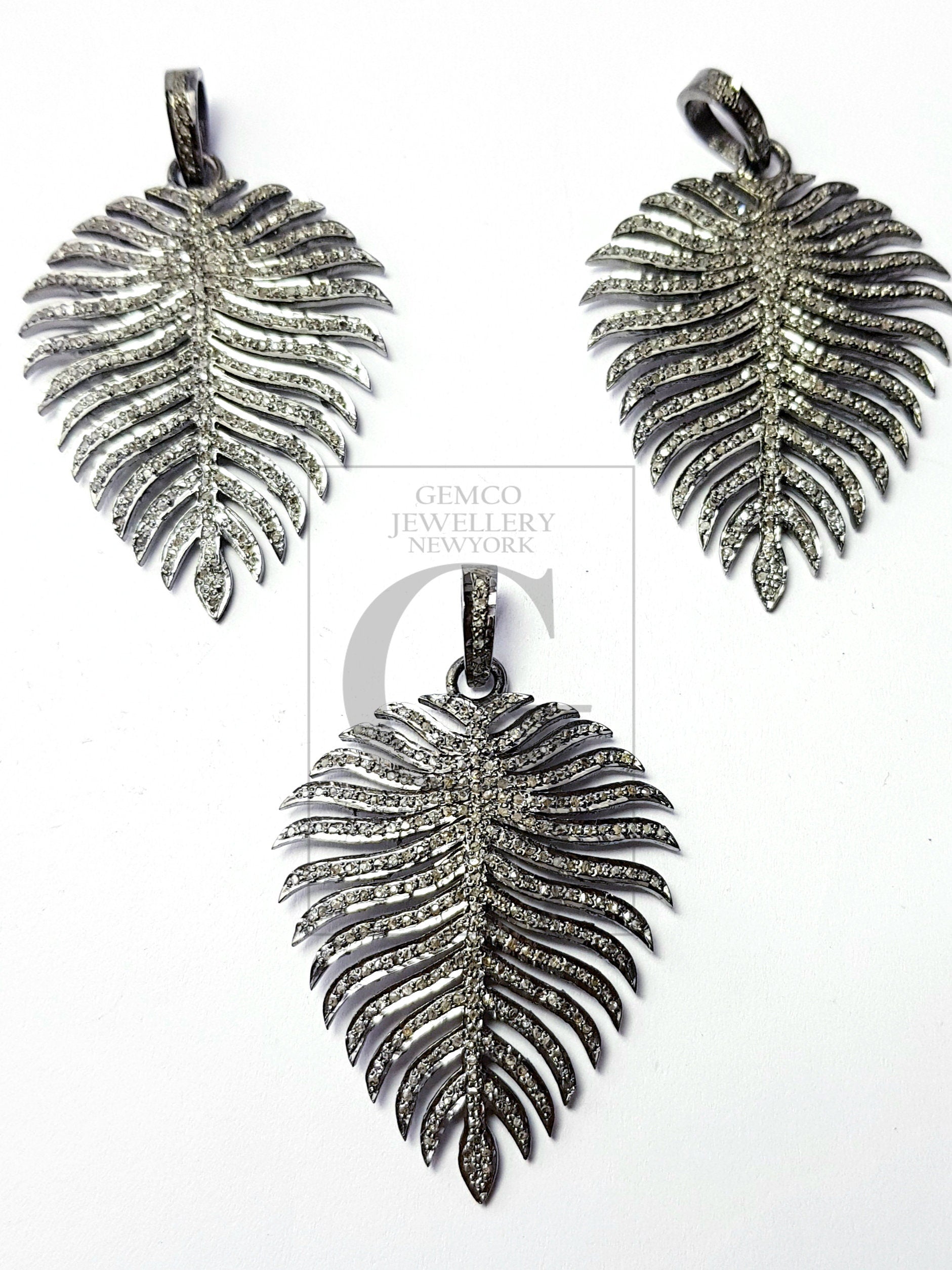 Leaf design latest rosecut pave diamond pendant 925 sterling silver handmade finish diamond pendant jewelry