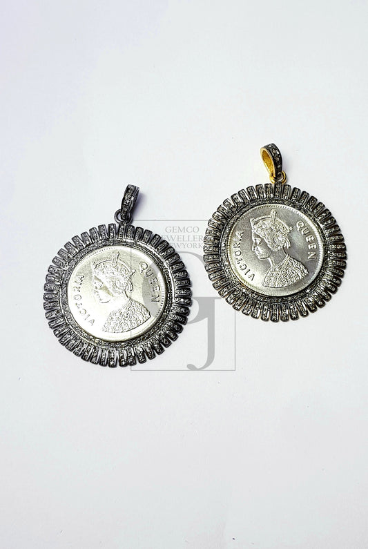 Very beautiful queen Victoria coin designer Rosecut pave diamond pendant 925 sterling silver handmade finish diamond coin pendant jewelry