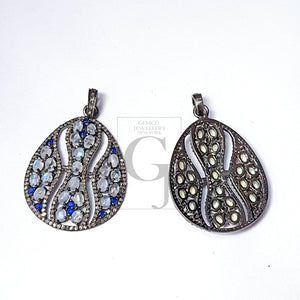 Antique Victorian Look Pave Diamond Rosecut Pendant 925 Sterling Silver Pendant Handmade Diamond Natural Moonstone Diamond Pendant