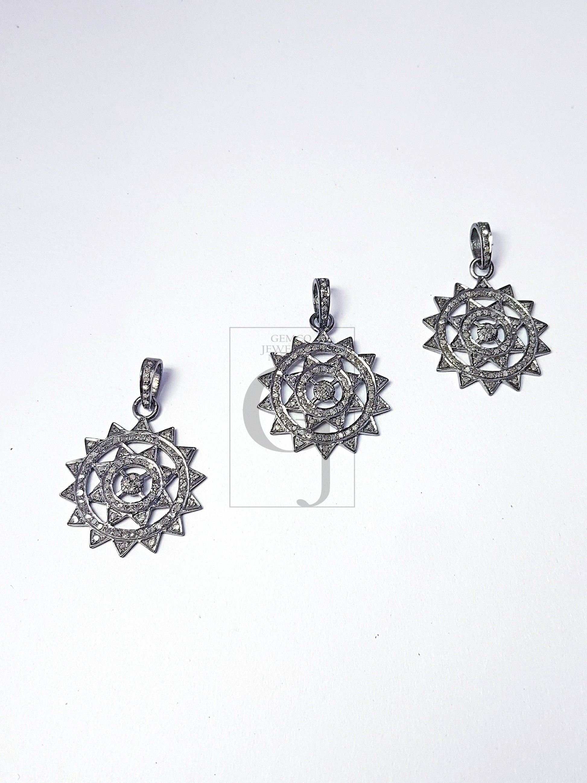 Beautiful Round Design Sunburst Rocecut Pave Diamond Pendant 925 Sterling Silver Handmade Finish Diamond Jewelry