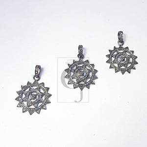 Beautiful Round Design Sunburst Rocecut Pave Diamond Pendant 925 Sterling Silver Handmade Finish Diamond Jewelry