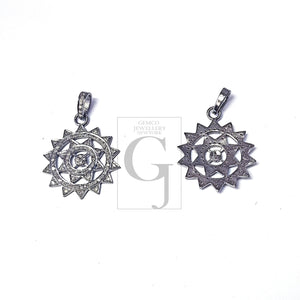 Beautiful Round Design Sunburst Rocecut Pave Diamond Pendant 925 Sterling Silver Handmade Finish Diamond Jewelry