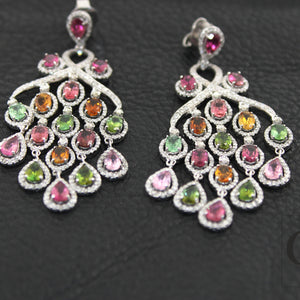 Designer earring Rosecut pave diamond earrings multi Tourmaline stone earing 925 sterling silver handmade silver finish diamond earring
