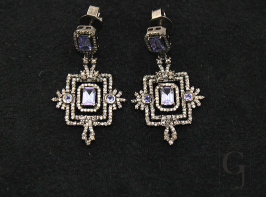 Beautiful Designer Tanzanite Earring Rosecut Pave Diamond Earrings 925 Sterling Silver Handmade Silver Finish Diamond Earring