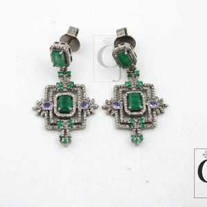 Beautiful Designer Emerald Earring Rosecut Pave Diamond Earrings 925 Sterling Silver Handmade Diamond Earring Schendlier Earring