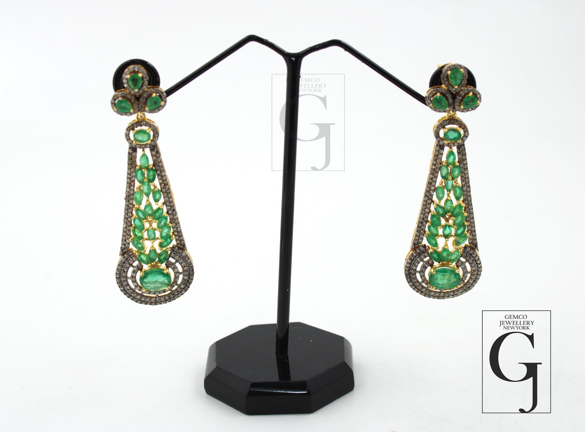 Traditional designer AAA emerald earring 14k gold Rosecut pave diamond earrings 925 sterling silver handmade silver finish diamond earring