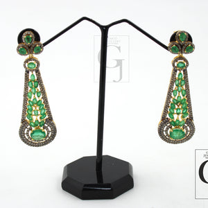 Traditional designer AAA emerald earring 14k gold Rosecut pave diamond earrings 925 sterling silver handmade silver finish diamond earring