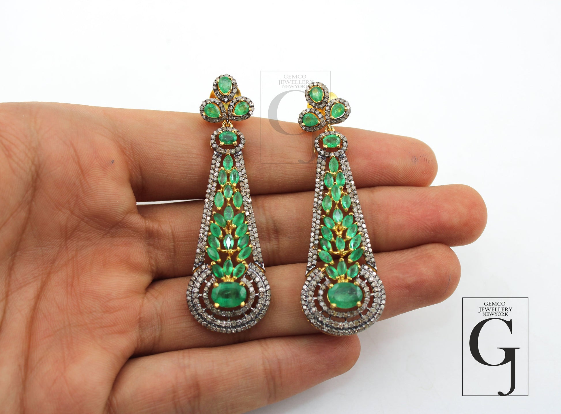 Traditional designer AAA emerald earring 14k gold Rosecut pave diamond earrings 925 sterling silver handmade silver finish diamond earring