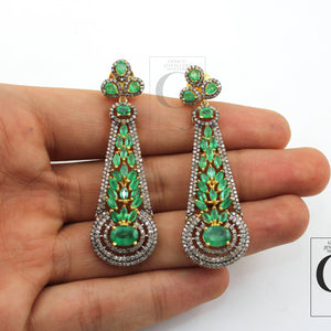 Traditional designer AAA emerald earring 14k gold Rosecut pave diamond earrings 925 sterling silver handmade silver finish diamond earring