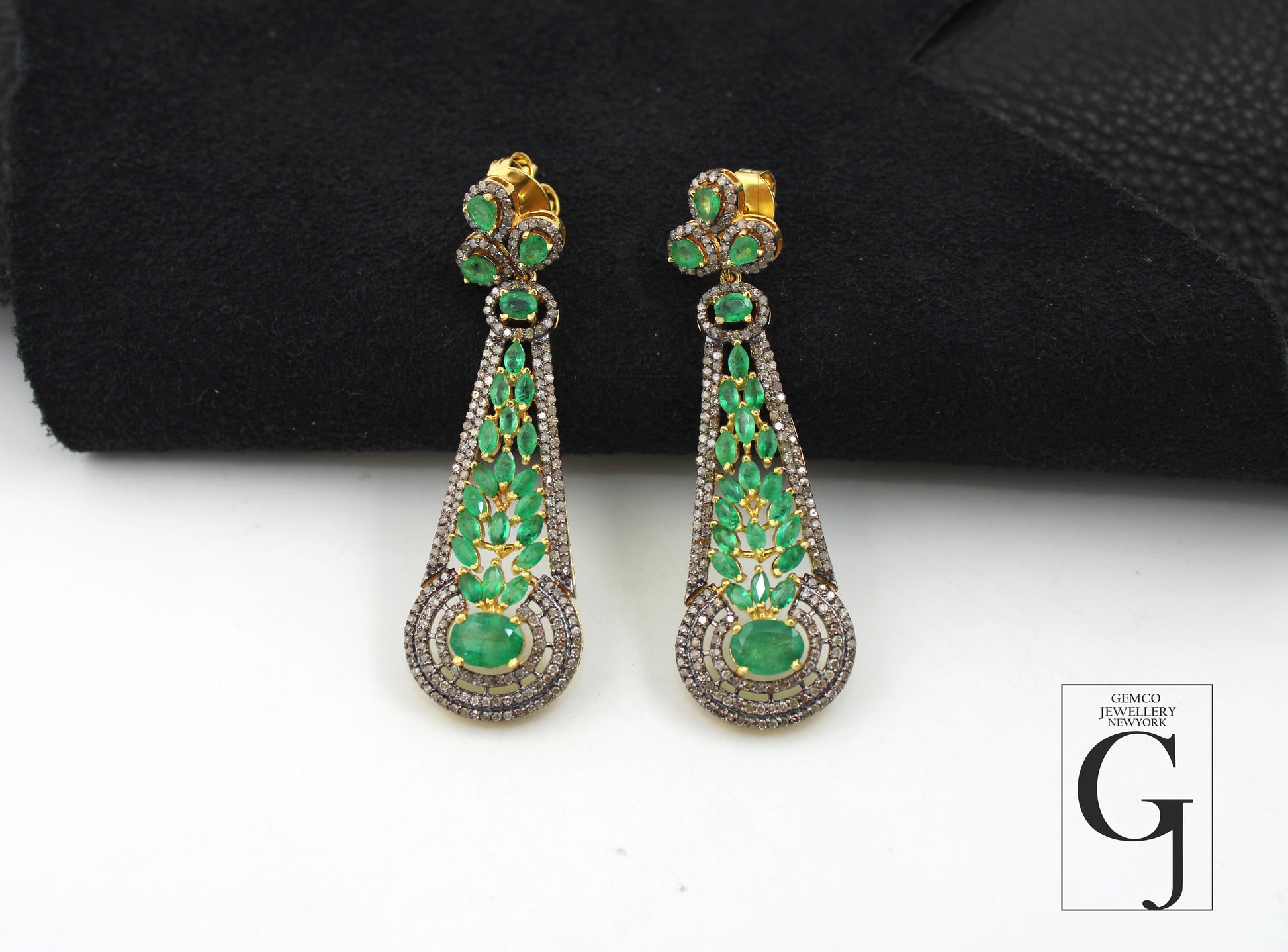 Traditional designer AAA emerald earring 14k gold Rosecut pave diamond earrings 925 sterling silver handmade silver finish diamond earring