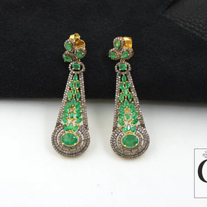 Traditional designer AAA emerald earring 14k gold Rosecut pave diamond earrings 925 sterling silver handmade silver finish diamond earring