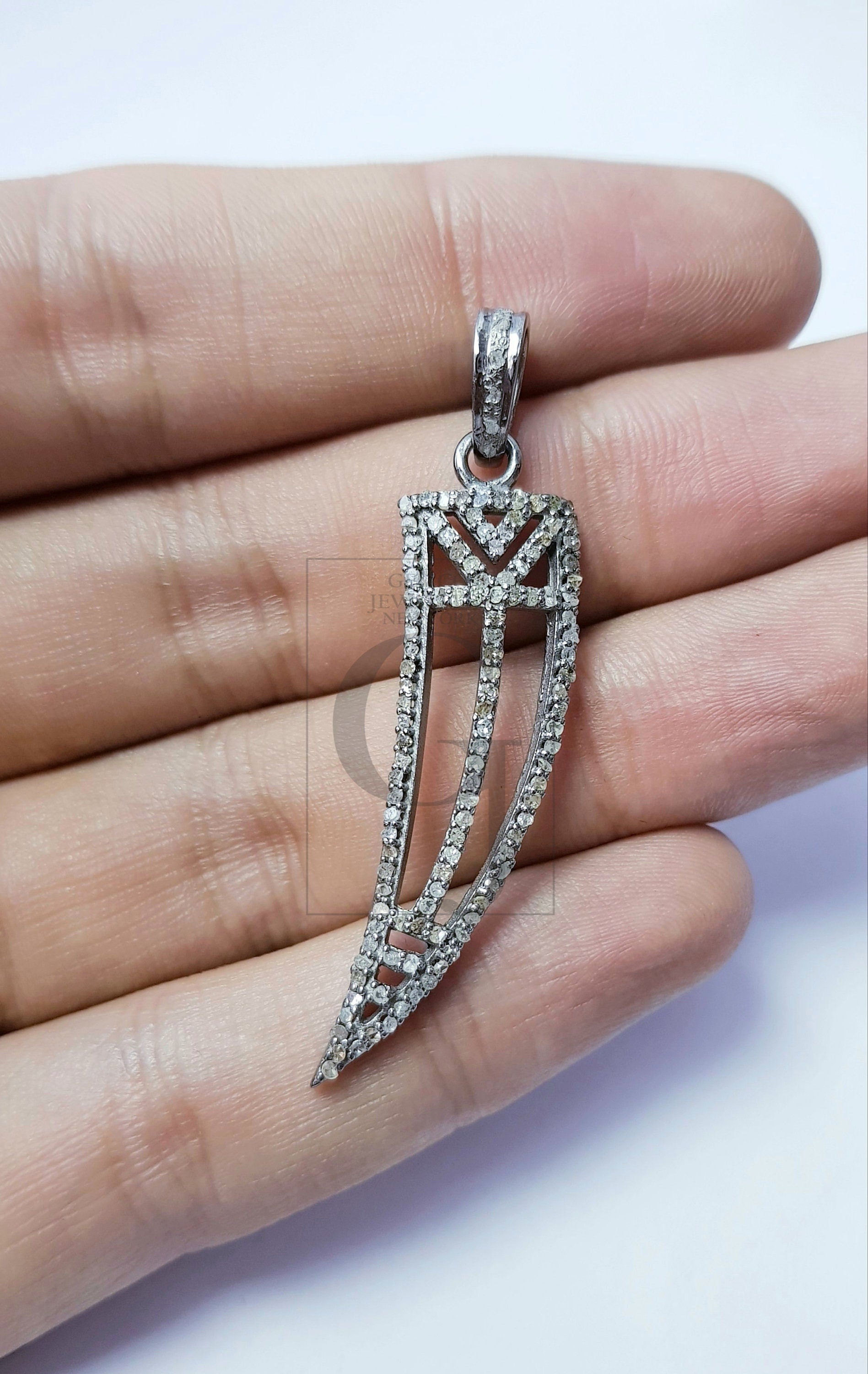 Latest design sword shaped Rosecut pave diamond pendant 925 sterling silver handmade finish diamond pendant jewelry