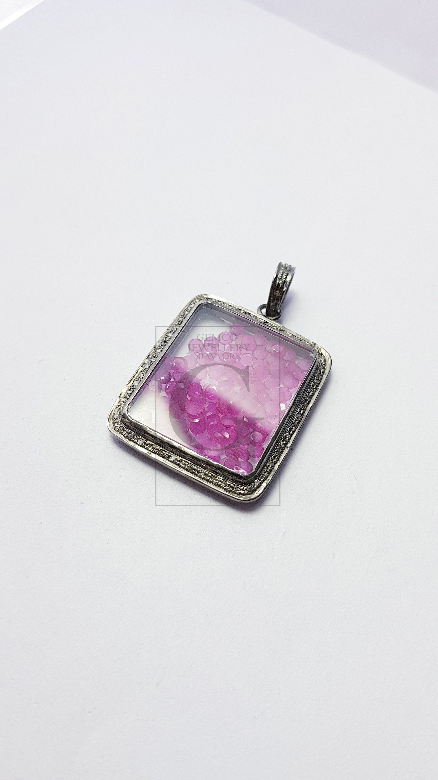 Rectangle Shaped With Blue Pink Stone Shaker Diamond Charm Pave Diamond Rosecut Pendant 925 Sterling Silver Pendant Handmade Diamond Pendant