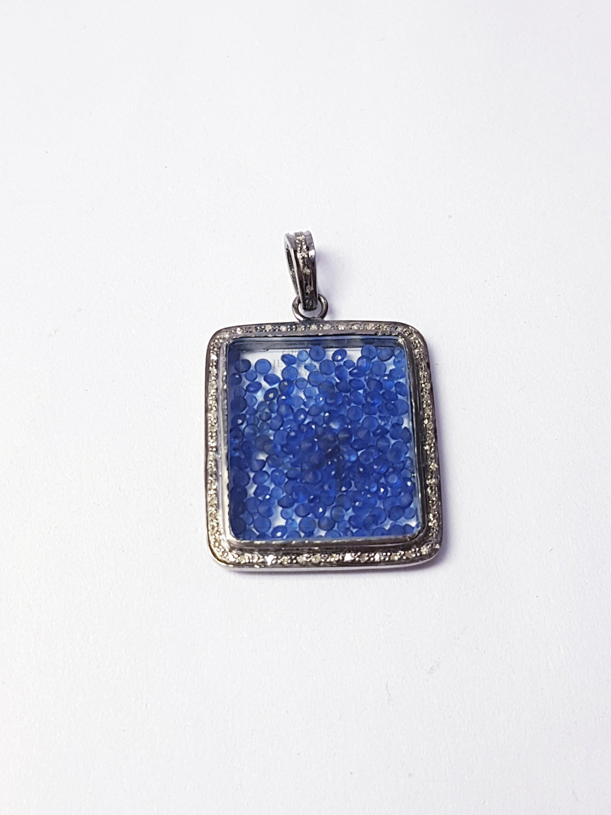 Rectangle Shaped With Blue Pink Stone Shaker Diamond Charm Pave Diamond Rosecut Pendant 925 Sterling Silver Pendant Handmade Diamond Pendant