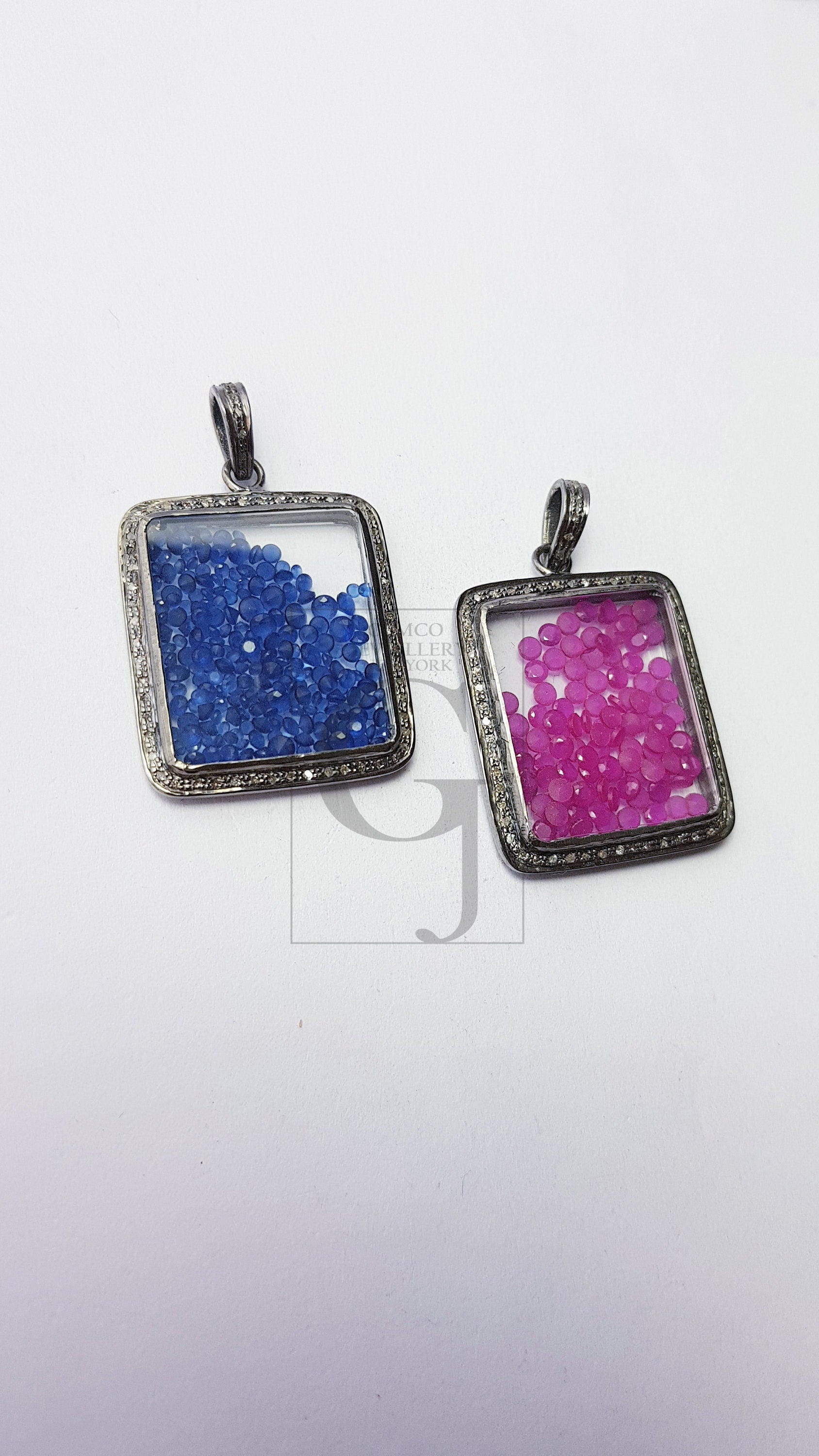 Rectangle Shaped With Blue Pink Stone Shaker Diamond Charm Pave Diamond Rosecut Pendant 925 Sterling Silver Pendant Handmade Diamond Pendant