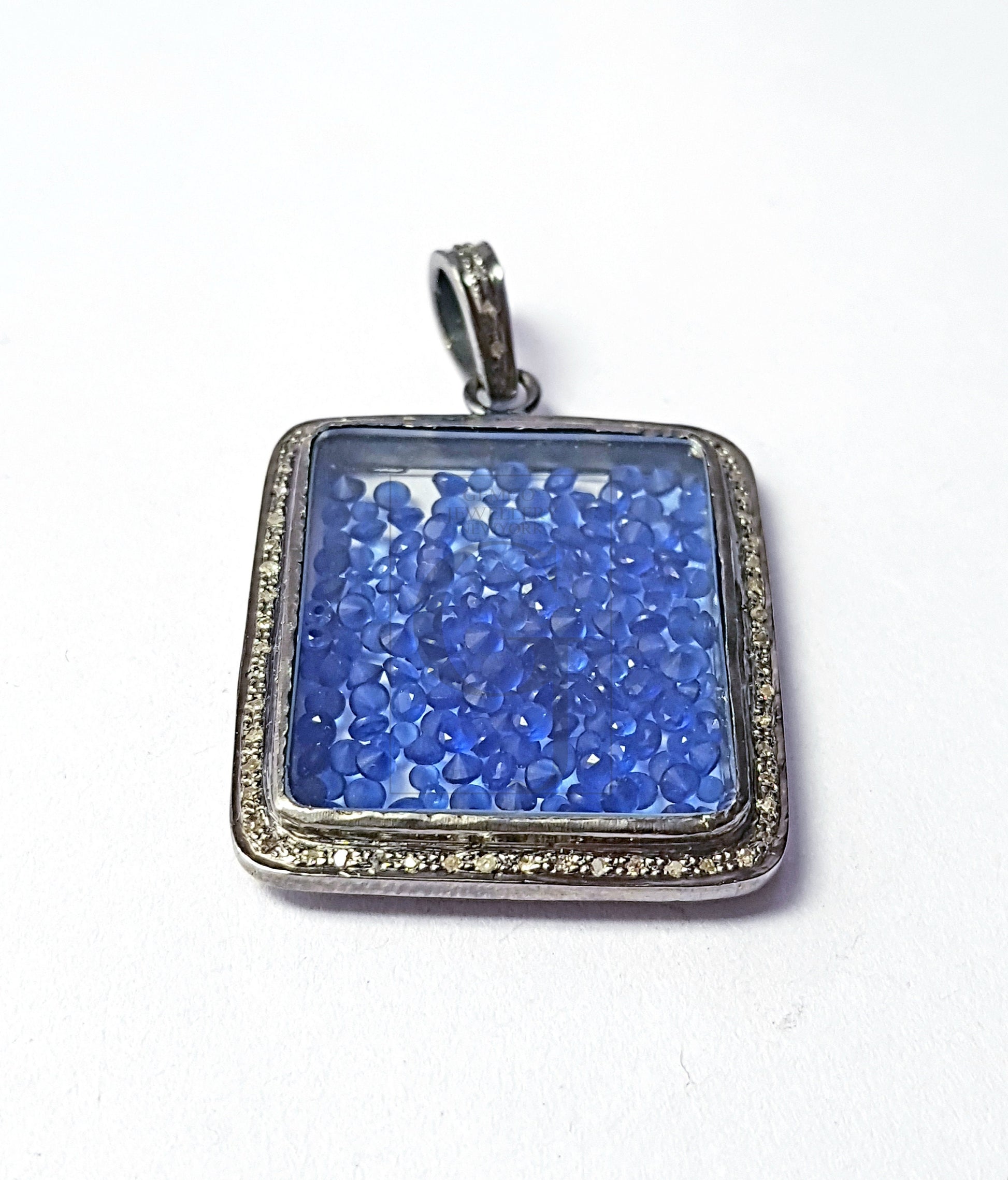 Rectangle Shaped With Blue Pink Stone Shaker Diamond Charm Pave Diamond Rosecut Pendant 925 Sterling Silver Pendant Handmade Diamond Pendant