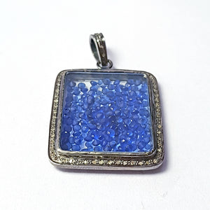 Rectangle Shaped With Blue Pink Stone Shaker Diamond Charm Pave Diamond Rosecut Pendant 925 Sterling Silver Pendant Handmade Diamond Pendant