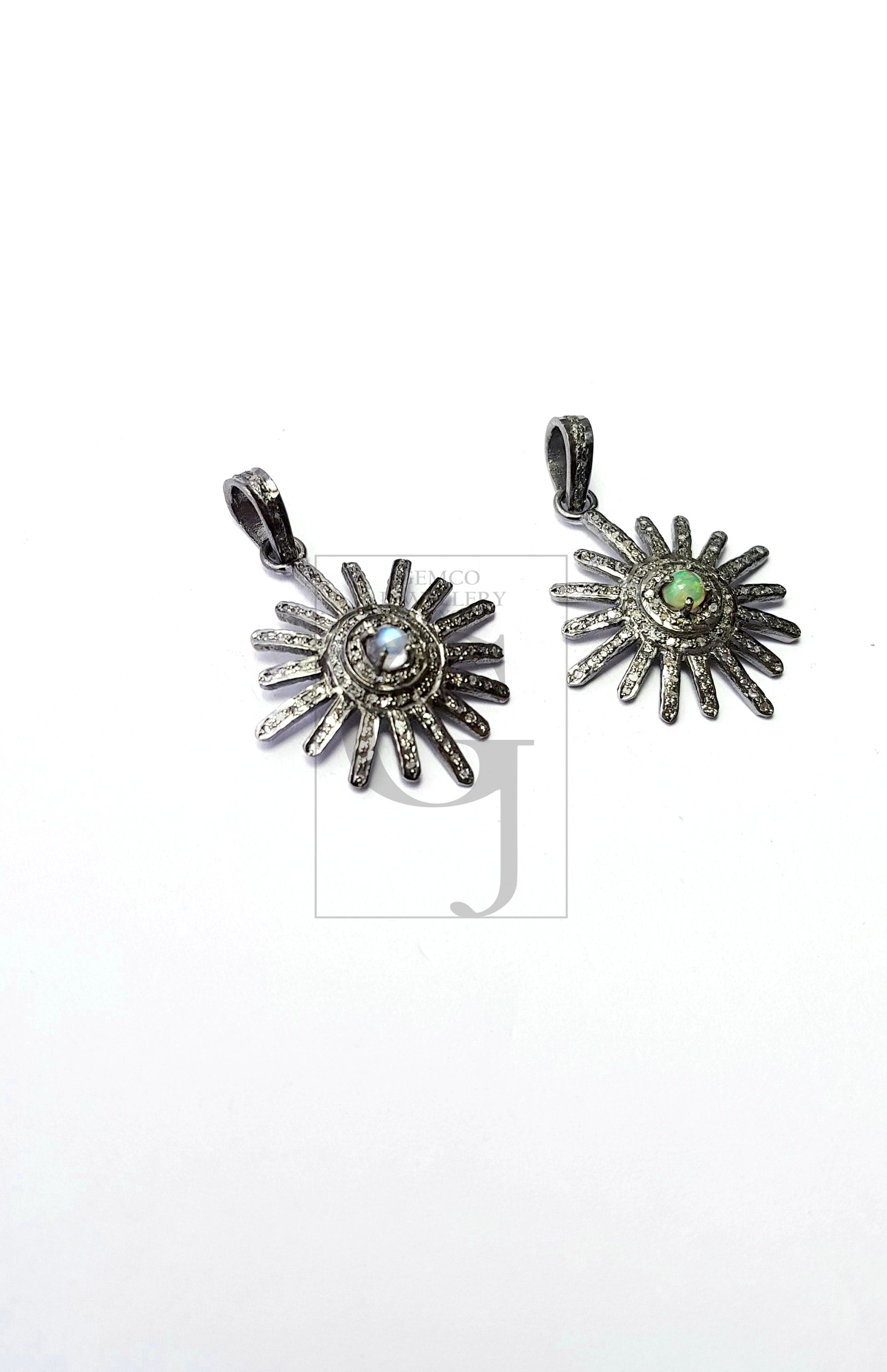 Beautiful Sunburst Antique Designer Rosecut Pave Diamond Pendant 925 Sterling Silver Handmade Finish Opal/Moonstone Diamond Pendant Jewelry