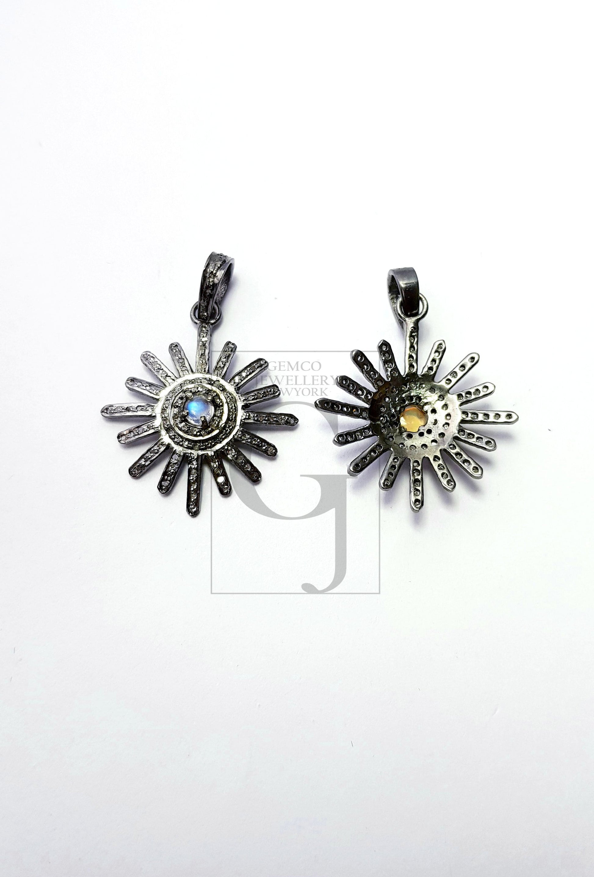Beautiful Sunburst Antique Designer Rosecut Pave Diamond Pendant 925 Sterling Silver Handmade Finish Opal/Moonstone Diamond Pendant Jewelry