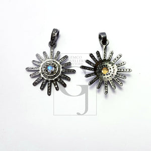 Beautiful Sunburst Antique Designer Rosecut Pave Diamond Pendant 925 Sterling Silver Handmade Finish Opal/Moonstone Diamond Pendant Jewelry