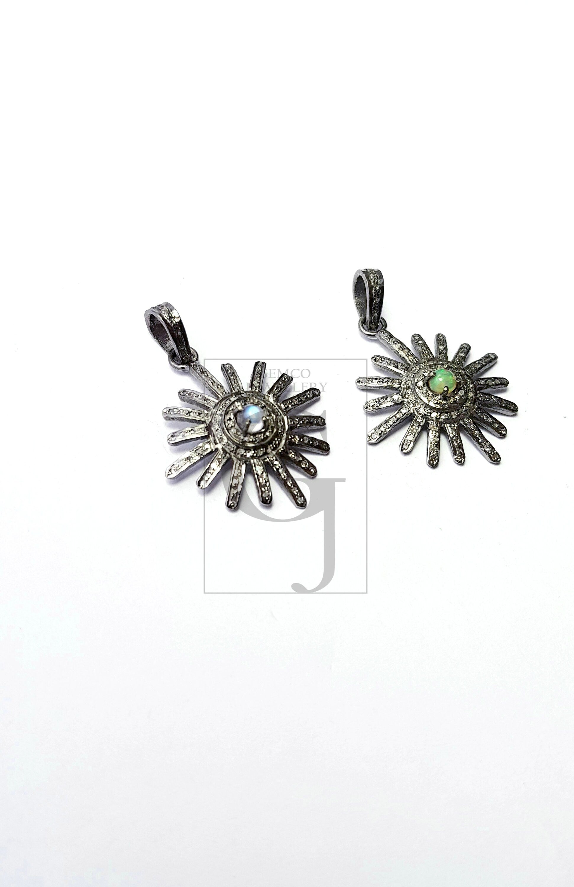 Beautiful Sunburst Antique Designer Rosecut Pave Diamond Pendant 925 Sterling Silver Handmade Finish Opal/Moonstone Diamond Pendant Jewelry