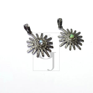 Beautiful Sunburst Antique Designer Rosecut Pave Diamond Pendant 925 Sterling Silver Handmade Finish Opal/Moonstone Diamond Pendant Jewelry