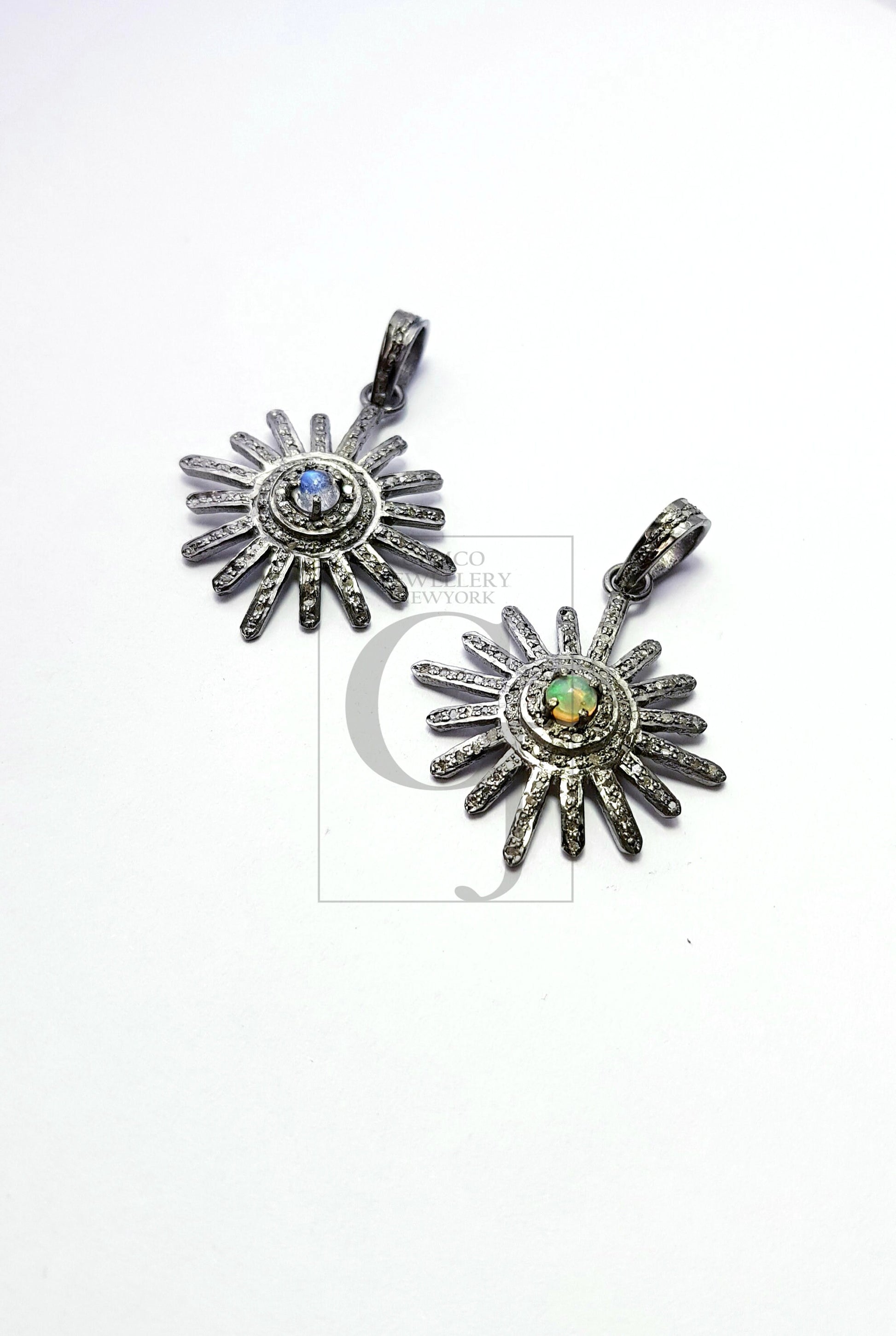 Beautiful Sunburst Antique Designer Rosecut Pave Diamond Pendant 925 Sterling Silver Handmade Finish Opal/Moonstone Diamond Pendant Jewelry