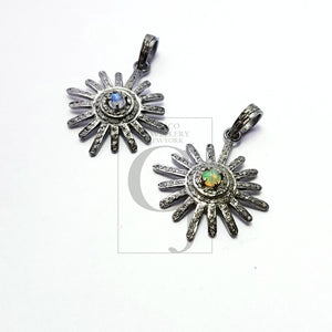 Beautiful Sunburst Antique Designer Rosecut Pave Diamond Pendant 925 Sterling Silver Handmade Finish Opal/Moonstone Diamond Pendant Jewelry