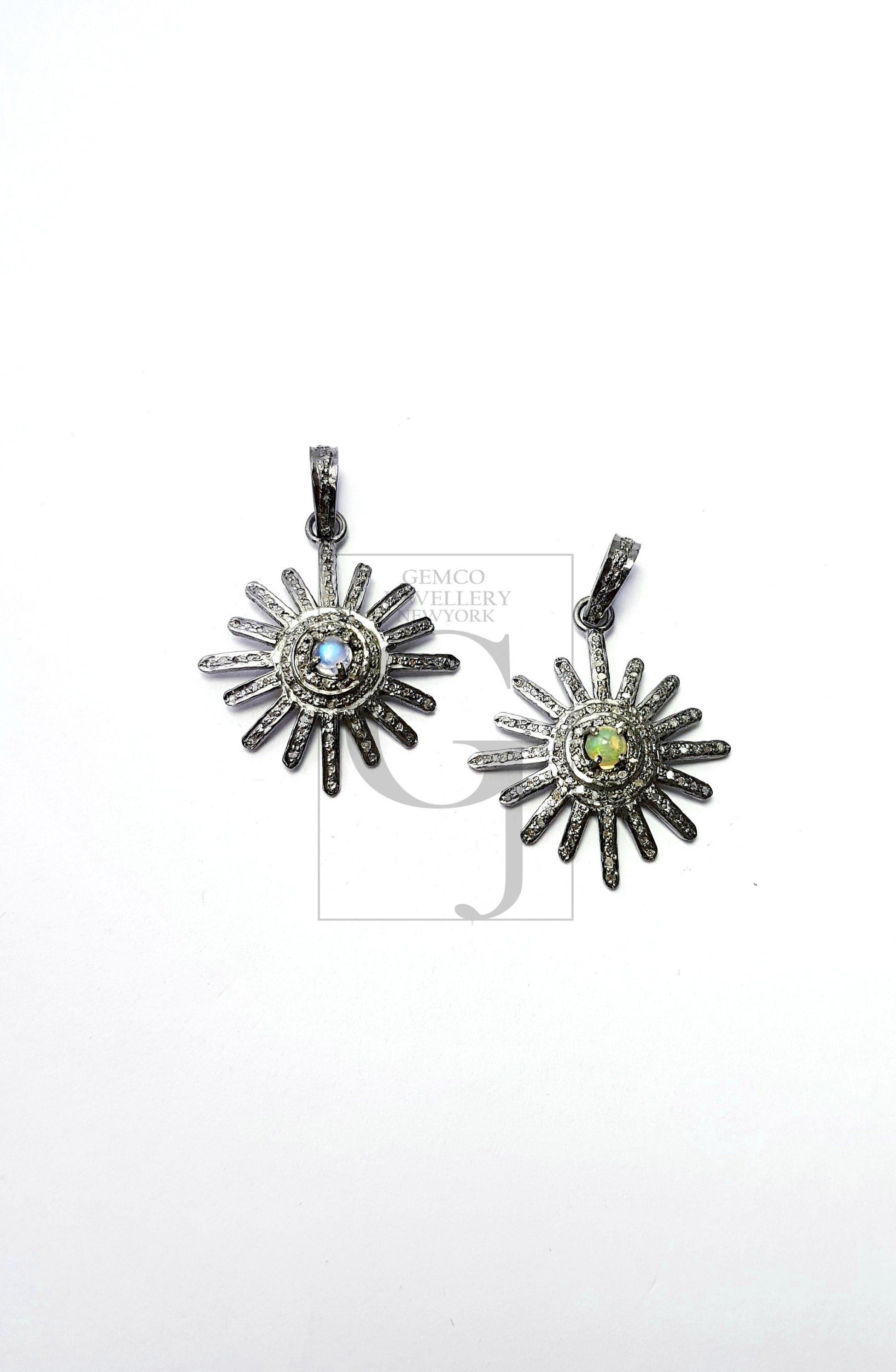 Beautiful Sunburst Antique Designer Rosecut Pave Diamond Pendant 925 Sterling Silver Handmade Finish Opal/Moonstone Diamond Pendant Jewelry