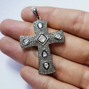 Rosecut pave diamond beautiful pendant 925 sterling silver handmade finish cross design flat diamond designer jewelry