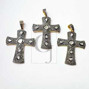 Rosecut pave diamond beautiful pendant 925 sterling silver handmade finish cross design flat diamond designer jewelry