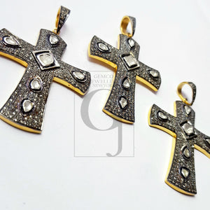 Rosecut pave diamond beautiful pendant 925 sterling silver handmade finish cross design flat diamond designer jewelry
