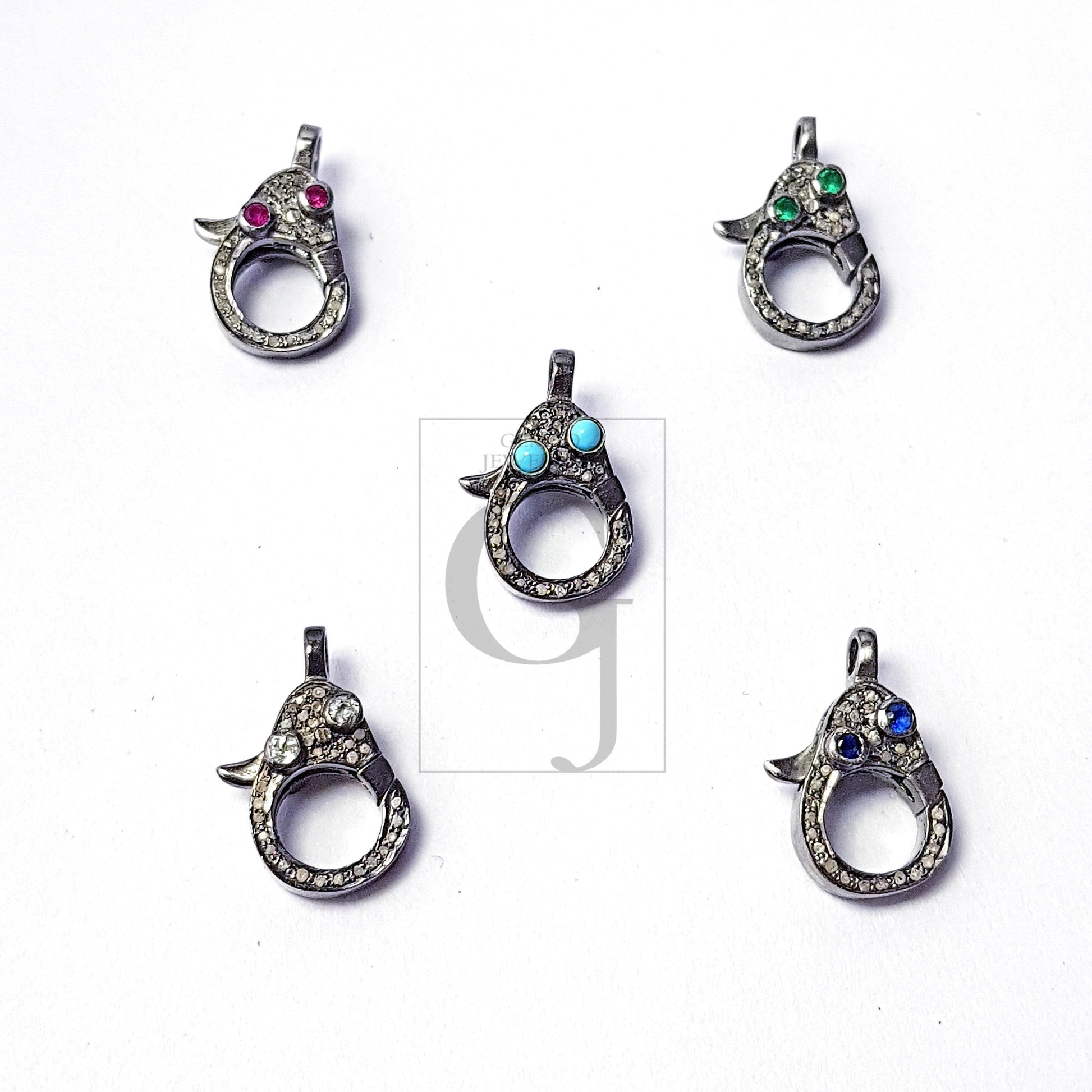 Both Sided Color Stone Design Clasp, Pave Rosecut Diamond Clasp, 925 Sterling Silver Handmade Clasp, Diamond Clasp, Pave Diamond Clasp