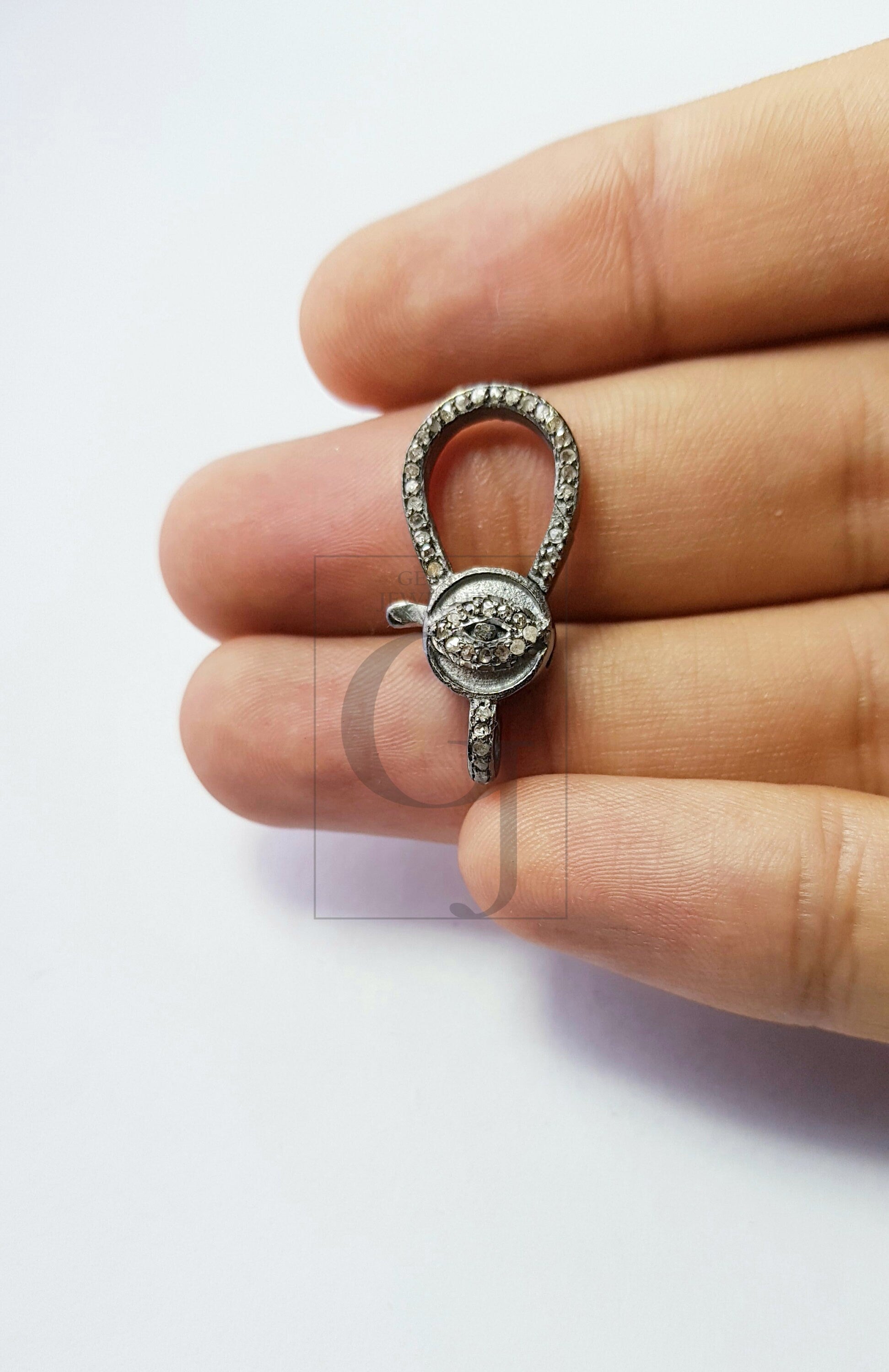 Eye clasp Rosecut pave diamond lobster clasp, 925 sterling silver diamond handmade finish clasp with matching diamond jump ring jewelry