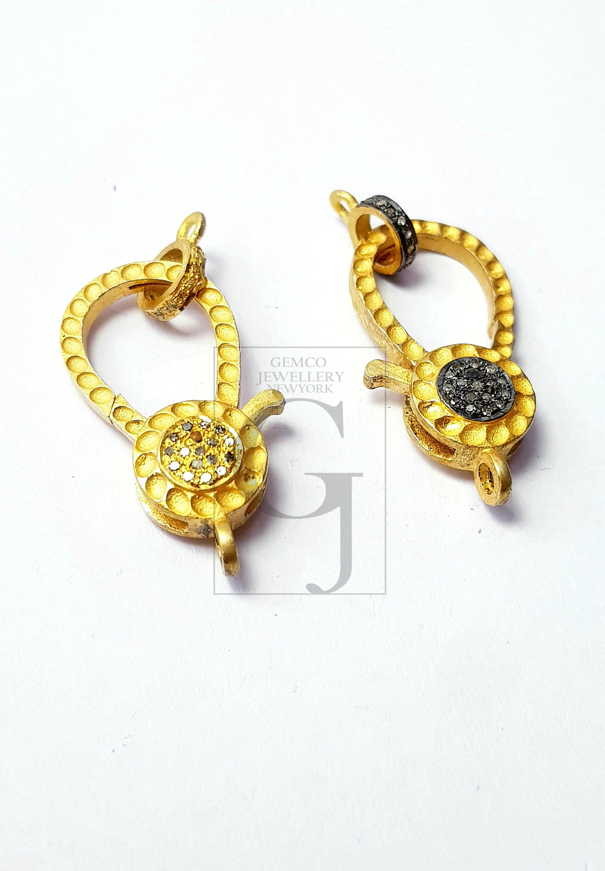 Beautiful Golden Plated Rosecut Pave Diamond Lobster Design Clasp 925 Sterling Silver Handmade Finish Diamond Clasp With Matching Jumpring