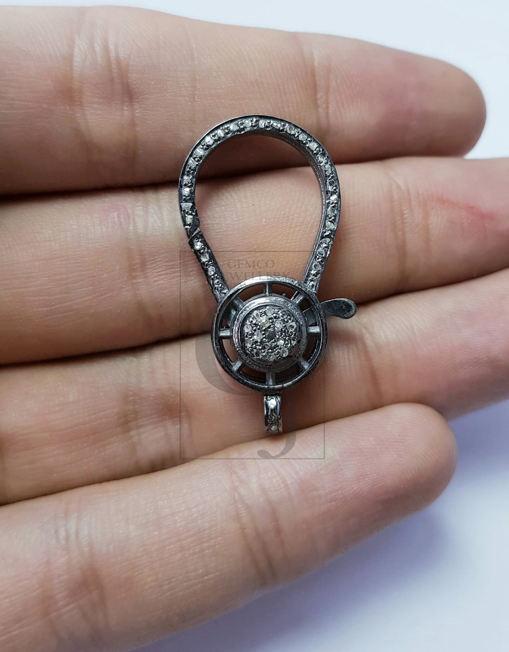 1PC Oxidized designer Rosecut pave diamond lobster design clasp 925 sterling silver handmade finish clasp with matching jump ring