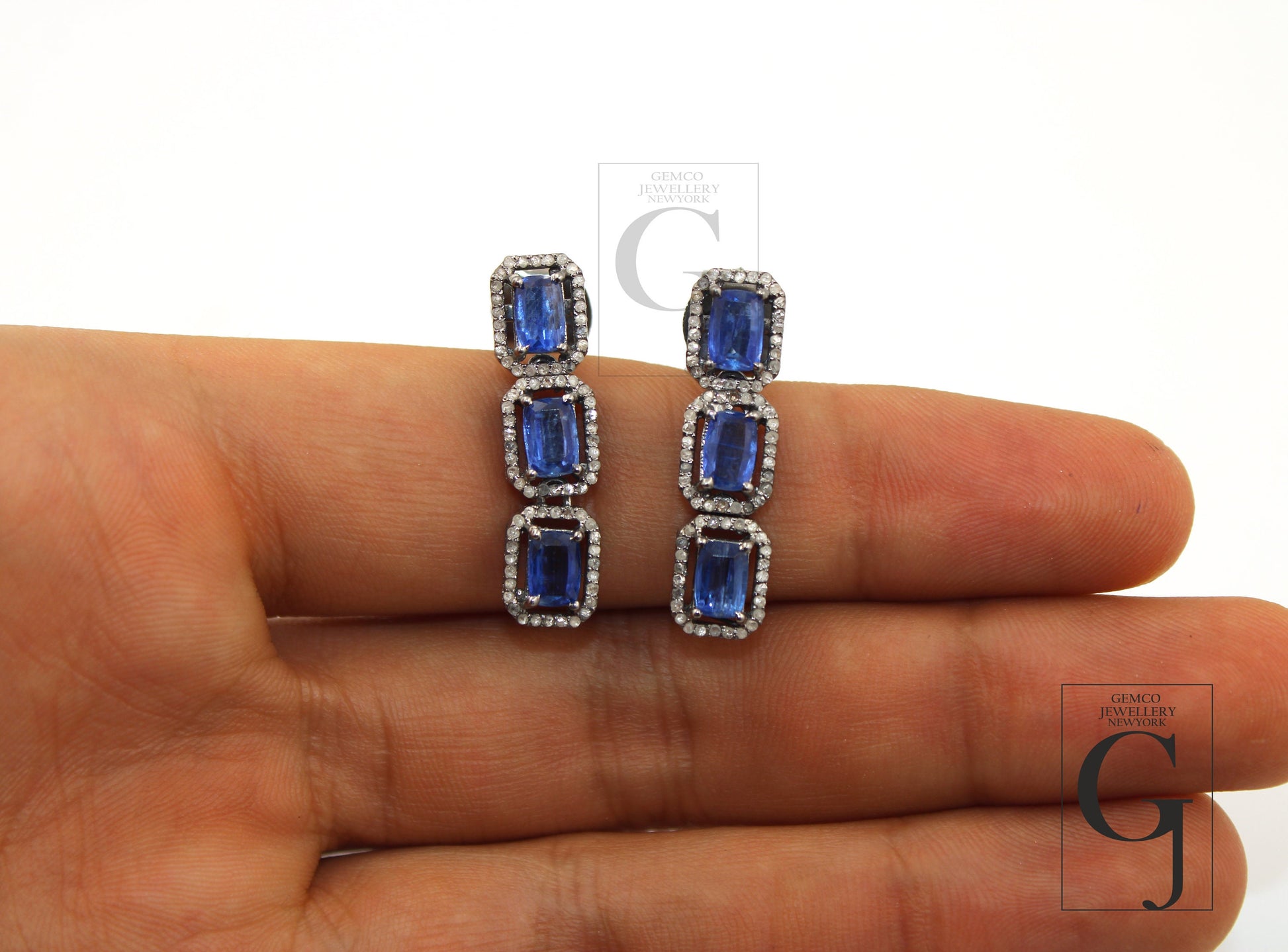 Very Beautiful Kyanite Designer Earring Rosecut Pave Diamond Earrings 925 Sterling Silver Handmade Silver Finish Diamond Earring