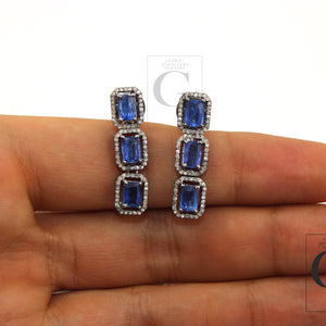 Very Beautiful Kyanite Designer Earring Rosecut Pave Diamond Earrings 925 Sterling Silver Handmade Silver Finish Diamond Earring