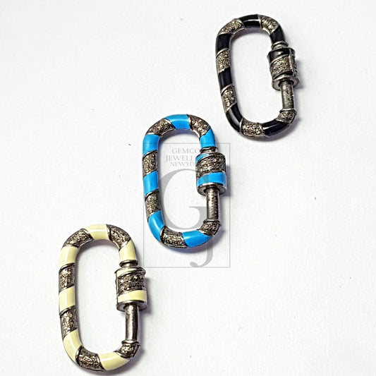 Enamel Color Carabiner Design Clasps Pave Rosecut Diamond 925 Sterling Silver Handmade Oval Shape Design Pave Diamond Handmade Charms