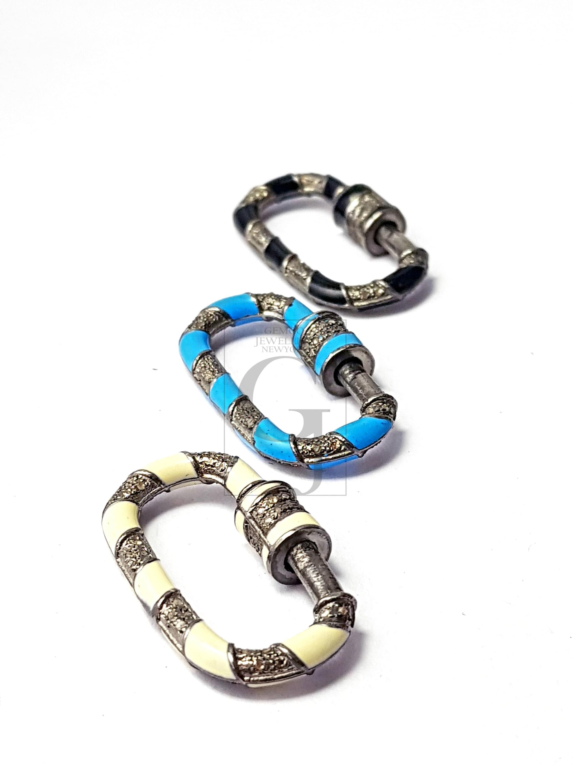 Enamel Color Carabiner Design Clasps Pave Rosecut Diamond 925 Sterling Silver Handmade Oval Shape Design Pave Diamond Handmade Charms
